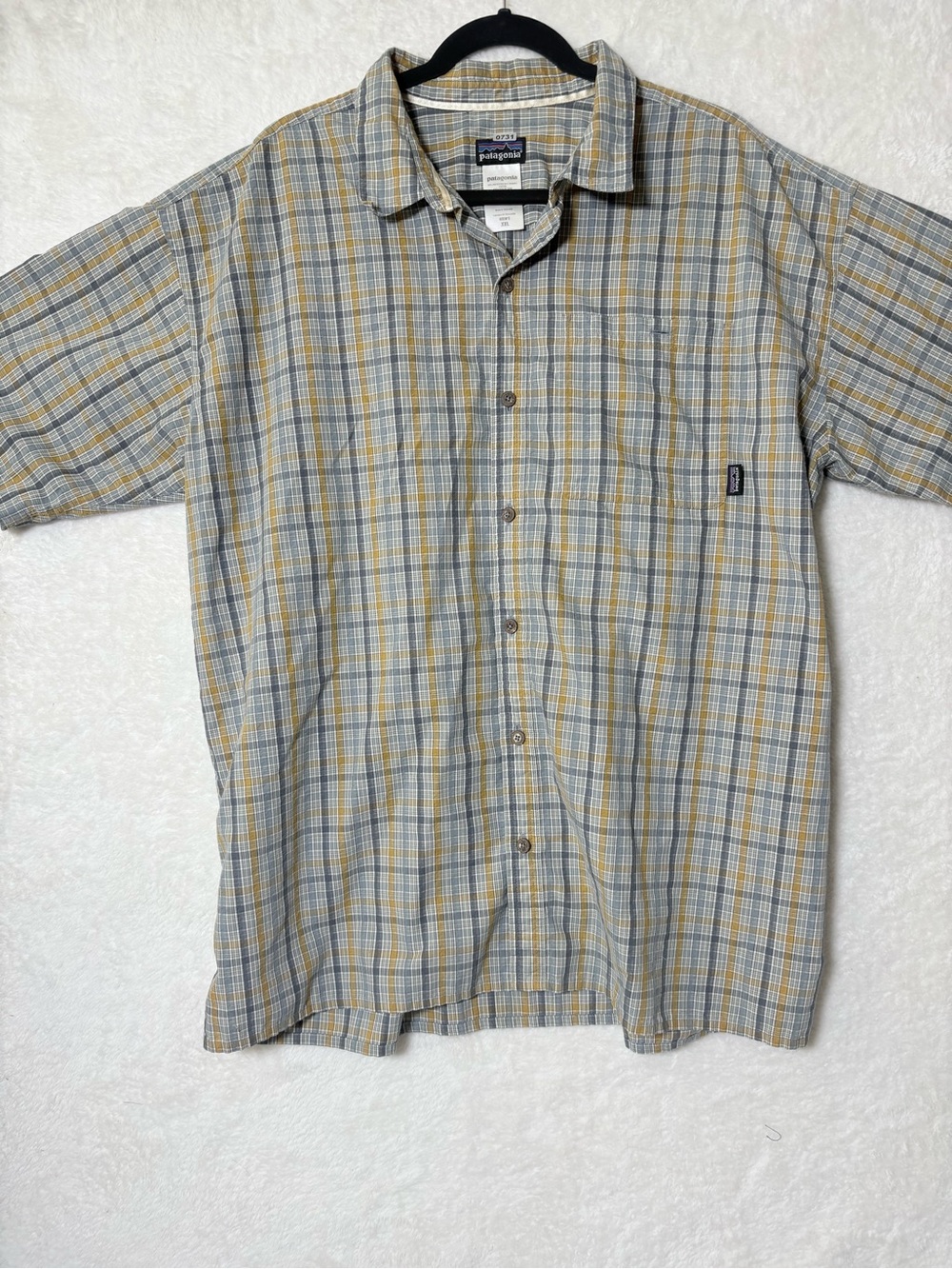 Patagonia Men's Short-Sleeve Plaid Button-Up Shirt - Gray & Yellow XXL 0731